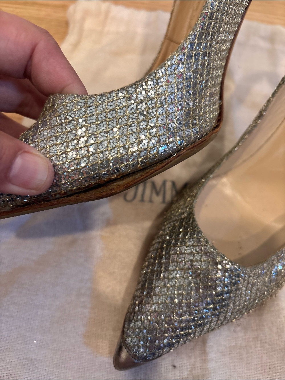 Jimmy Choo 100mm Abel Glitter Pointed Toe Pumps Heels Gold/Silver Champagne sz38 - Picture 11 of 13